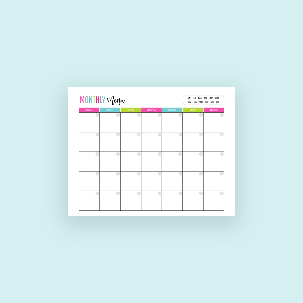 free printable monthly menu calendar