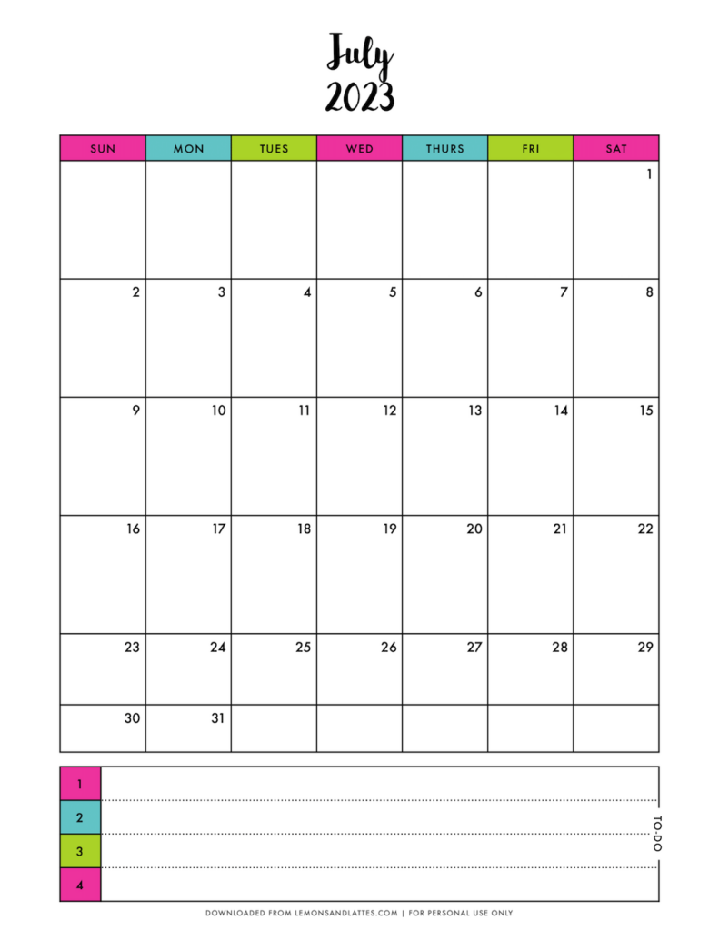 monthly calendar printouts