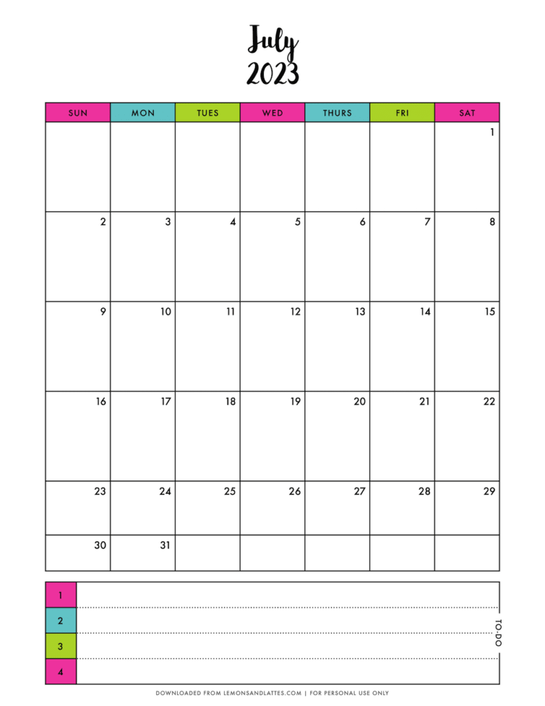 monthly calendar printouts