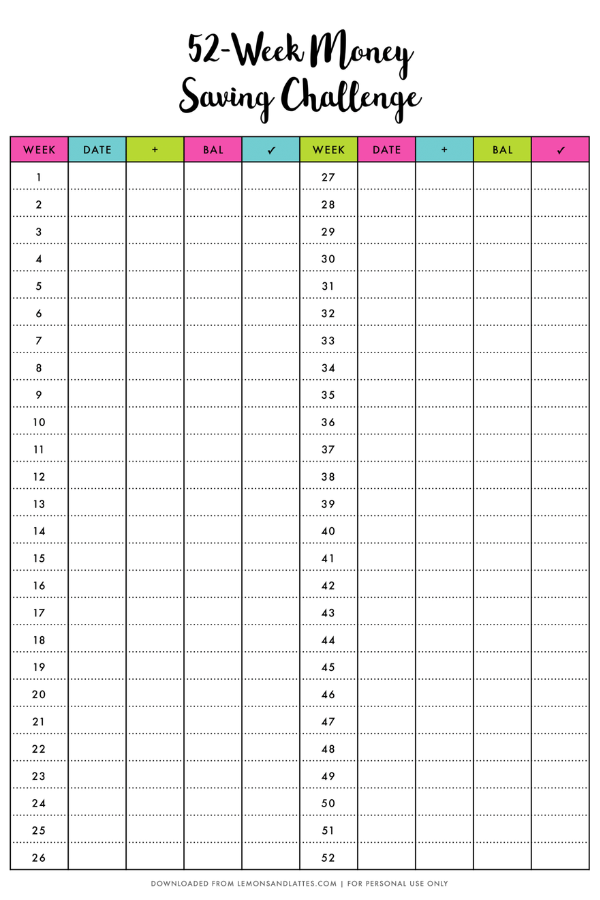 blank 52 week money challenge printable