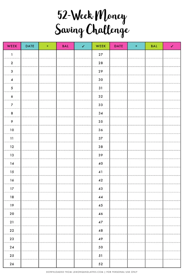 52 week money challenge calendar 2022