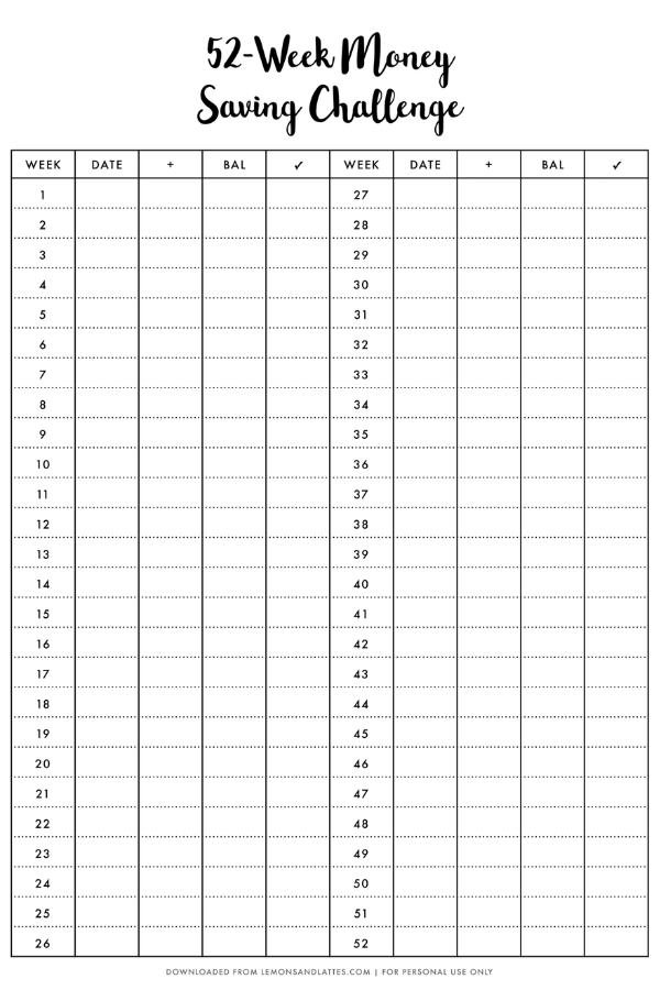 52Week Money Challenge Printable 2024