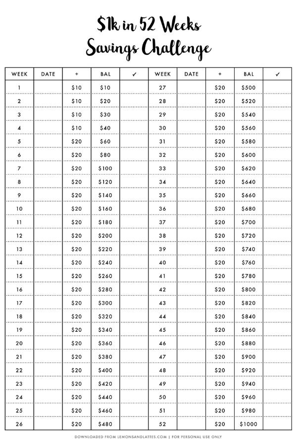 52Week Money Challenge Printable 2024