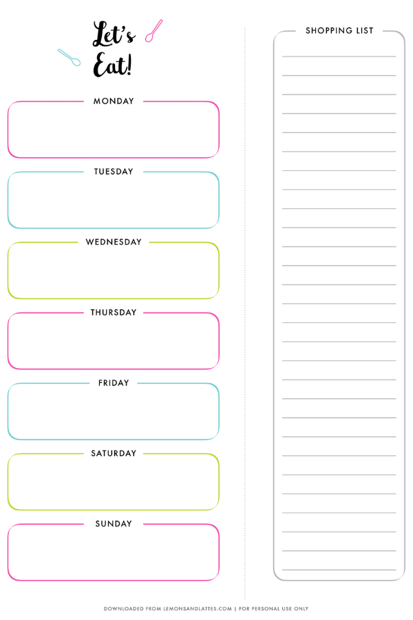 colorful meal planner free printable