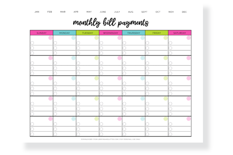 Printable Monthly Bill Calendars