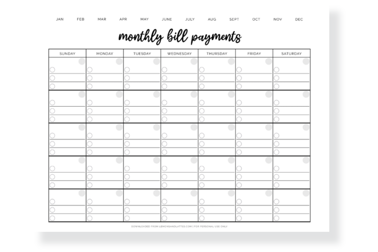 Printable Monthly Bill Calendars