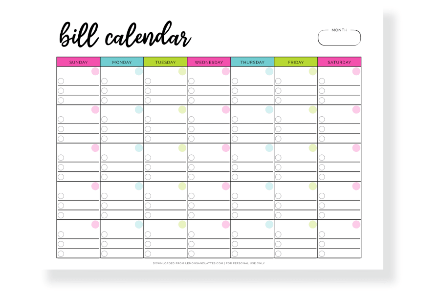 Printable Monthly Bill Calendar