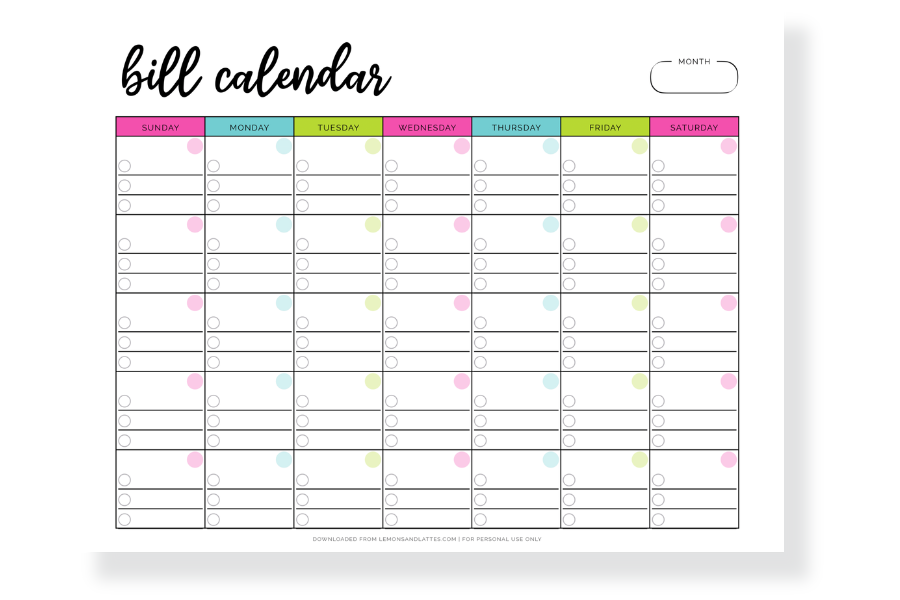 Printable Monthly Bill Calendars
