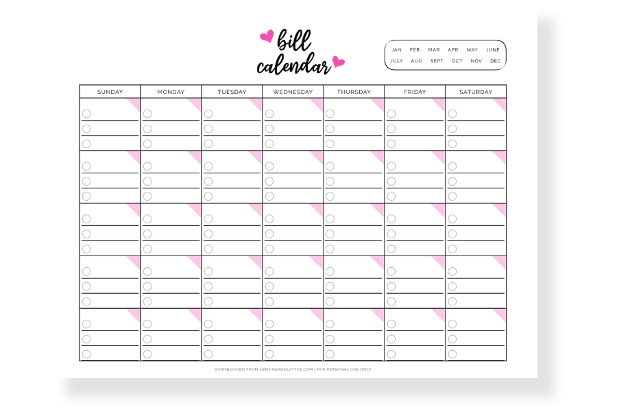 Printable Monthly Bill Calendar 2608