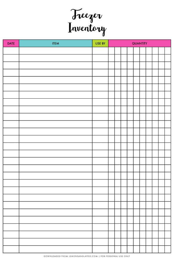 freezer inventory sheet