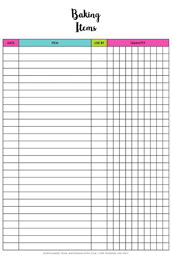 baking items inventory sheet