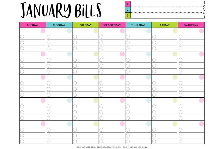 Free Printable Bill Calendar Template - Kari Sandye