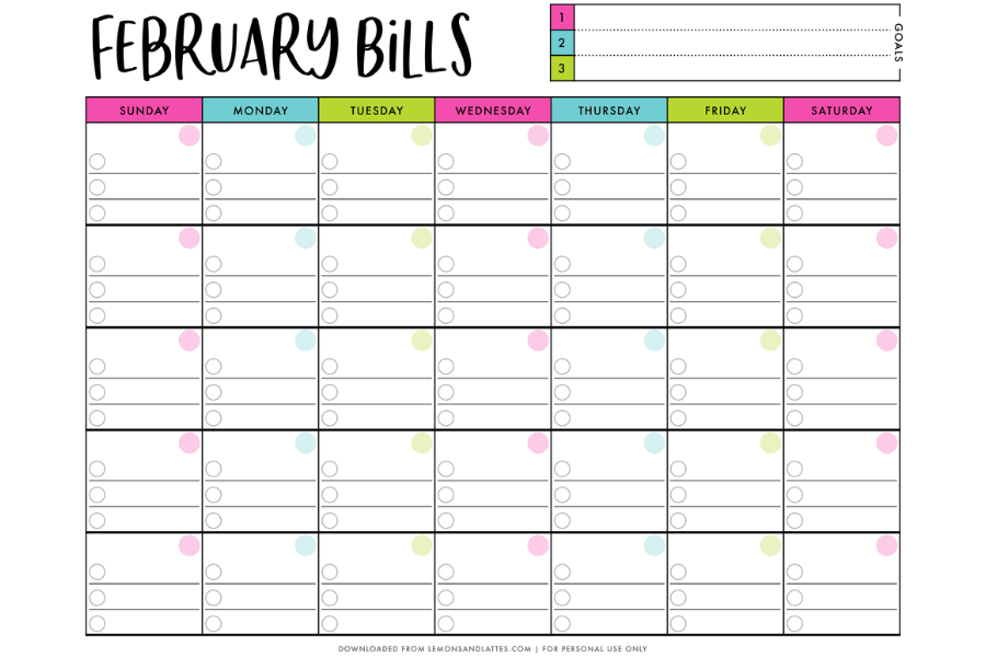 Printable Monthly Bill Calendar