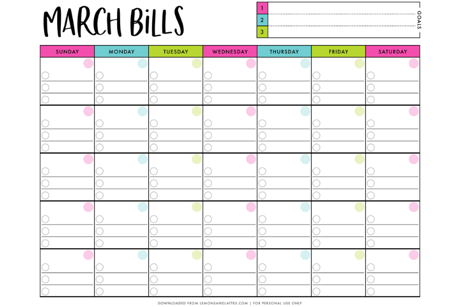 Printable Monthly Bill Calendars