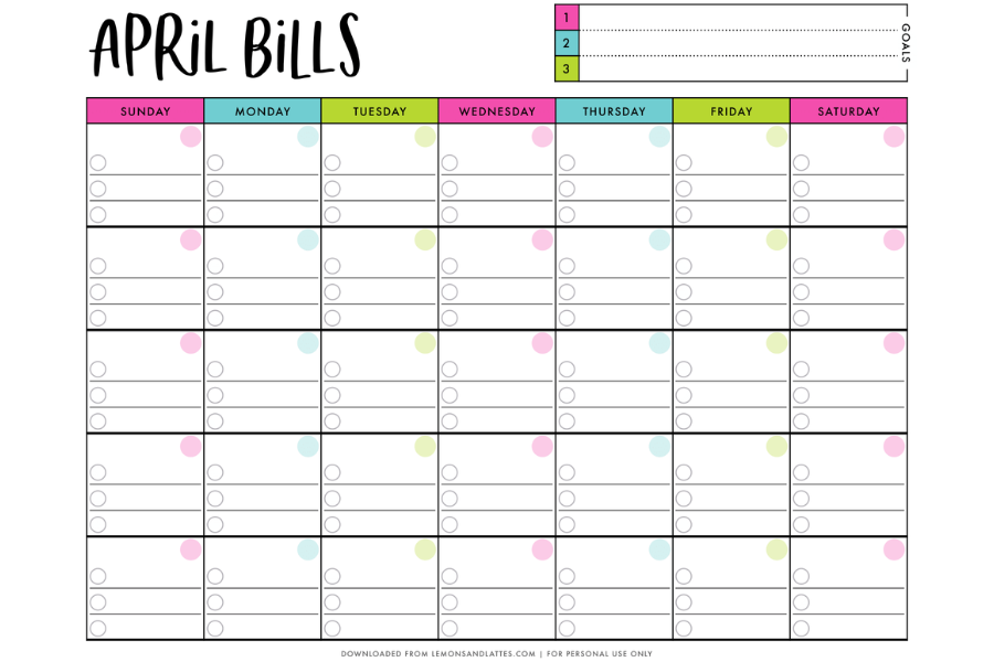 Printable Monthly Bill Calendar