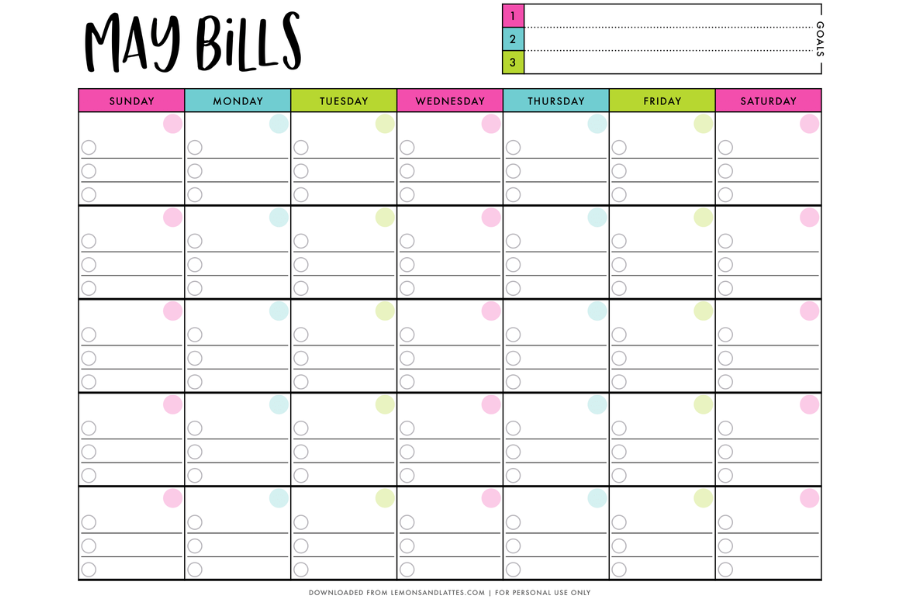 Printable Monthly Bill Calendar