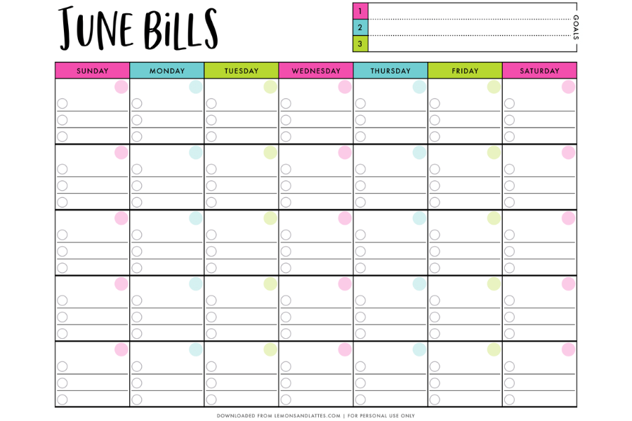 Printable Monthly Bill Calendar