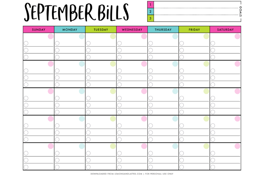 Printable Monthly Bill Calendar