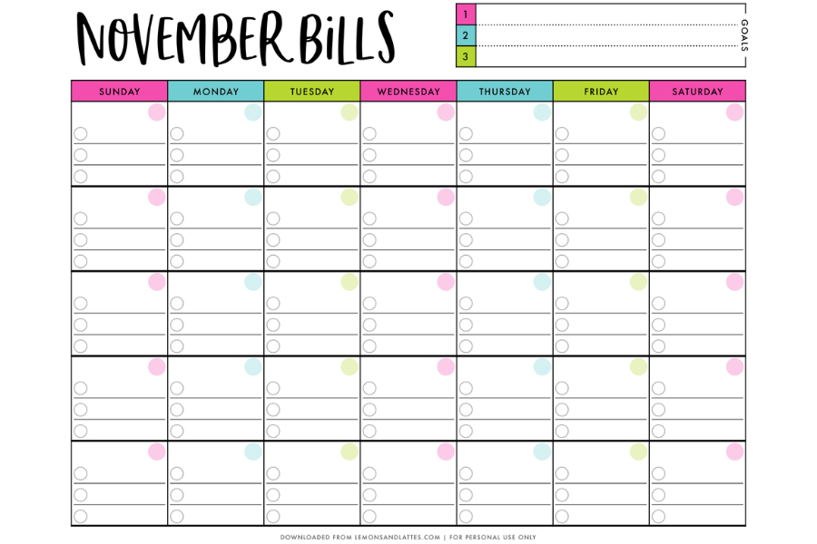 Printable Monthly Bill Calendar
