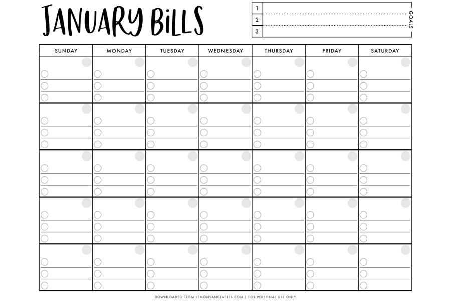 Printable Monthly Bill Calendars