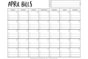 Printable Monthly Bill Calendars