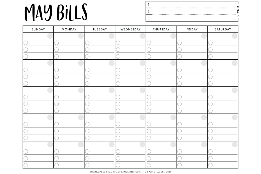 Printable Monthly Bill Calendar