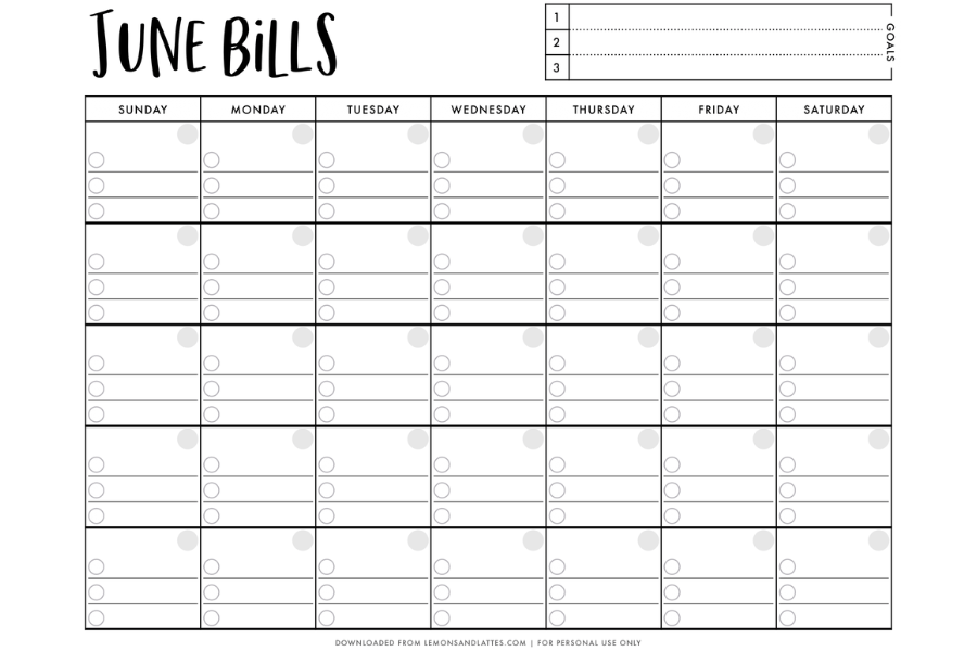 Printable Monthly Bill Calendar