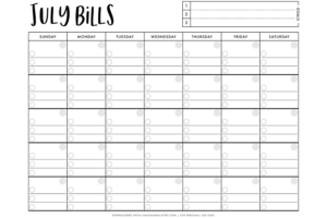 Printable Monthly Bill Calendars