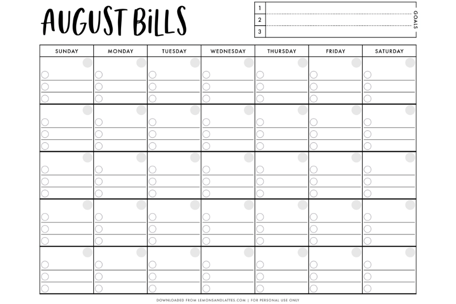 Printable Monthly Bill Calendar