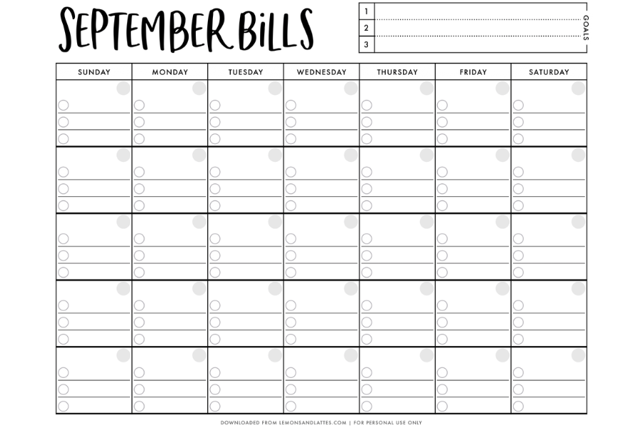 Printable Monthly Bill Calendar