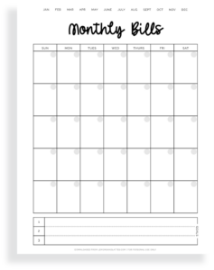 Printable Monthly Bill Calendars