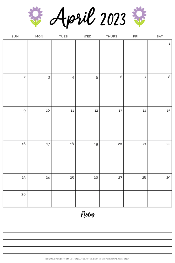 April calendar with flowers
