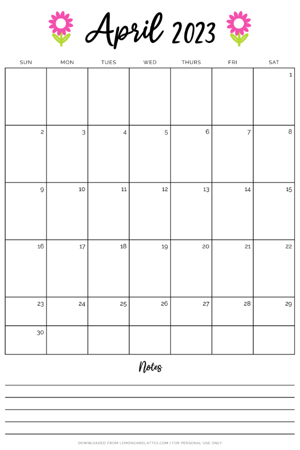 April calendar with flowers