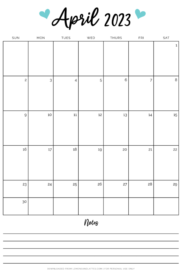 April calendar with hearts
