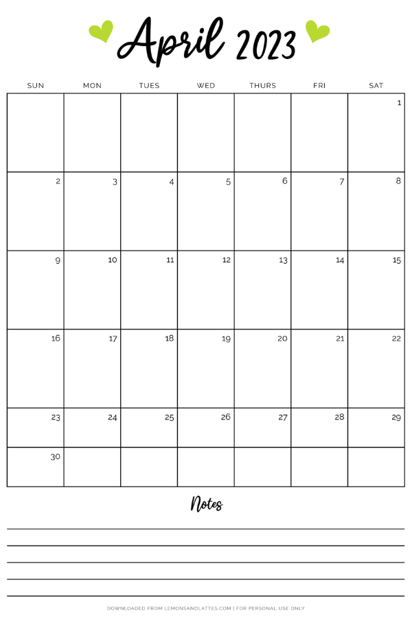 April calendar with hearts
