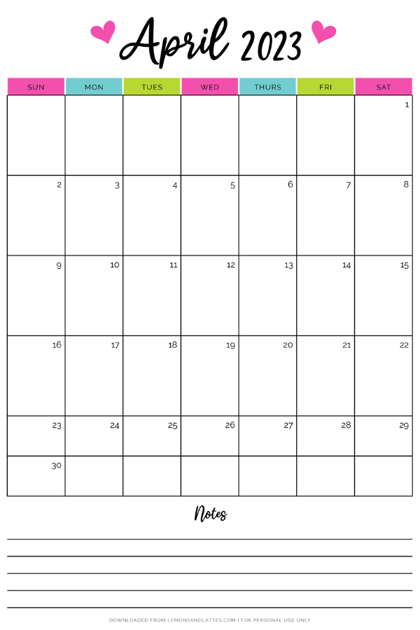 April calendar with hearts