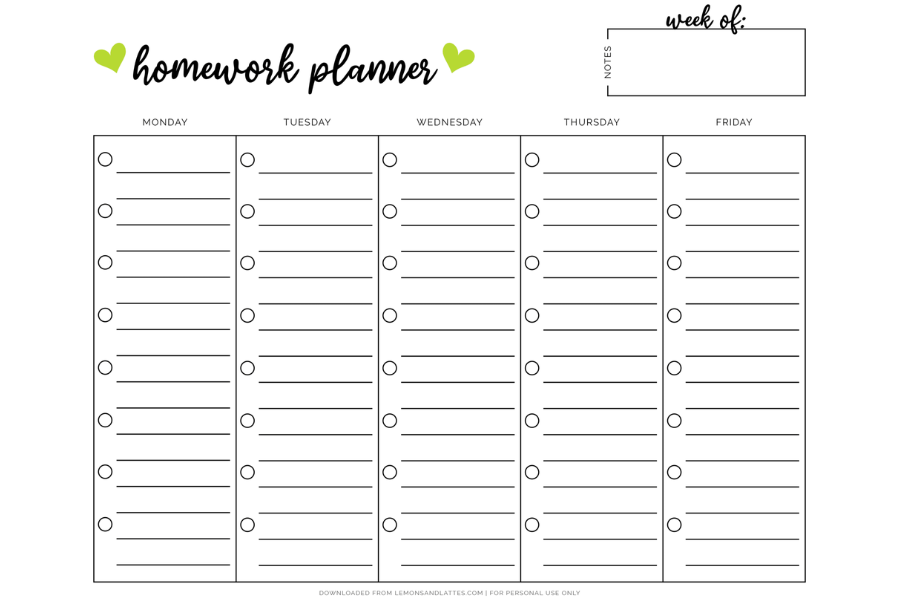 free printable homework planner