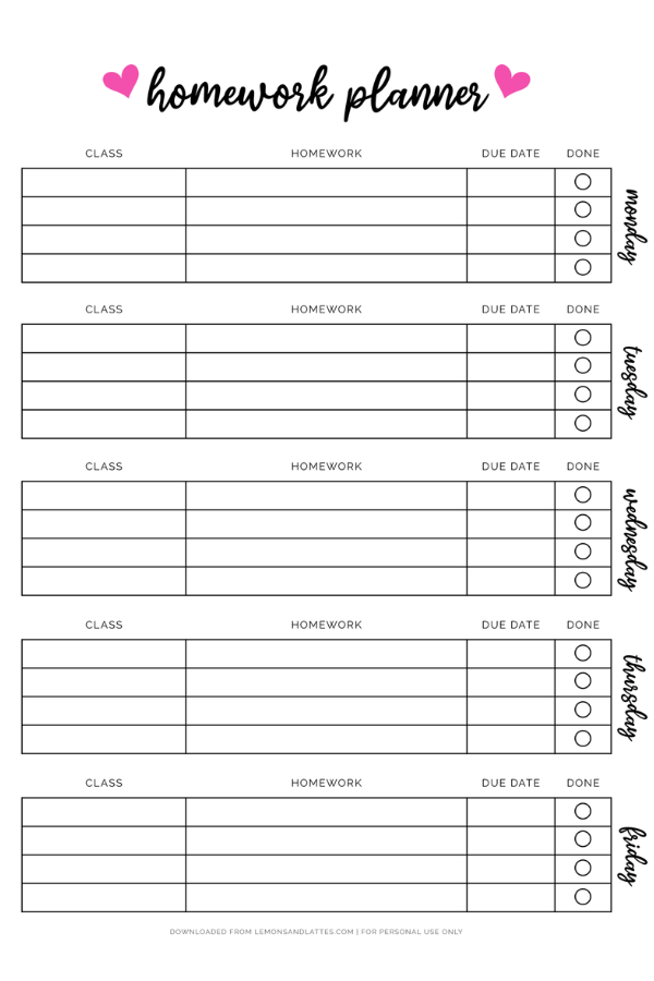 free printable assignment tracker