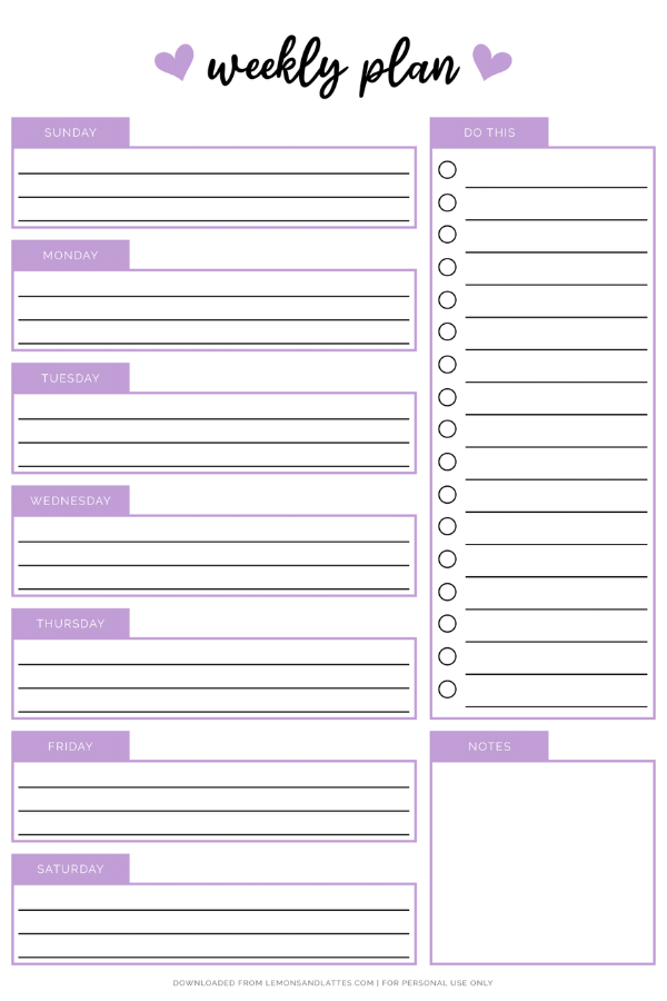 purple weekly planner with notes