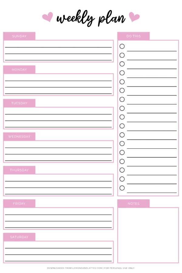 pink weekly planner with notes