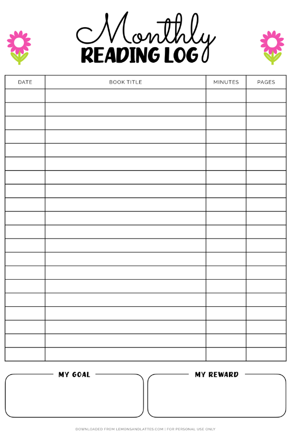monthly reading log printable