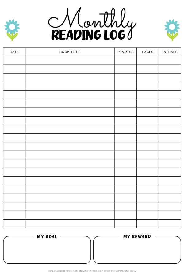 monthly reading log printable