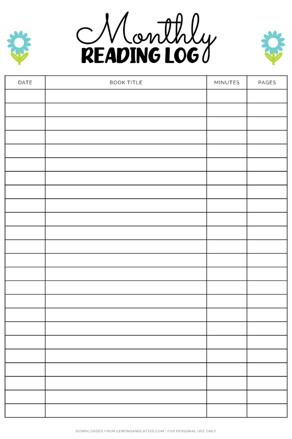 free printable reading log