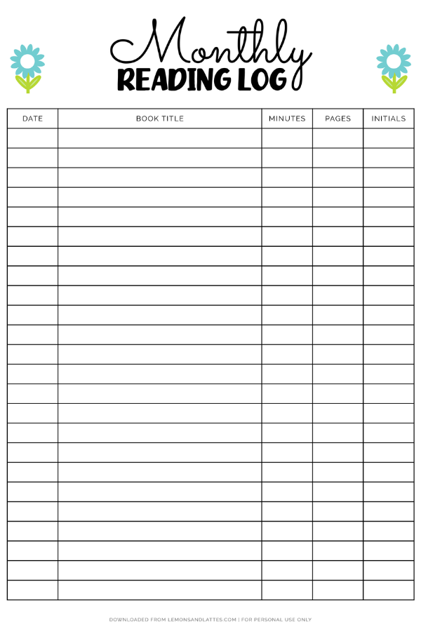 free printable reading log