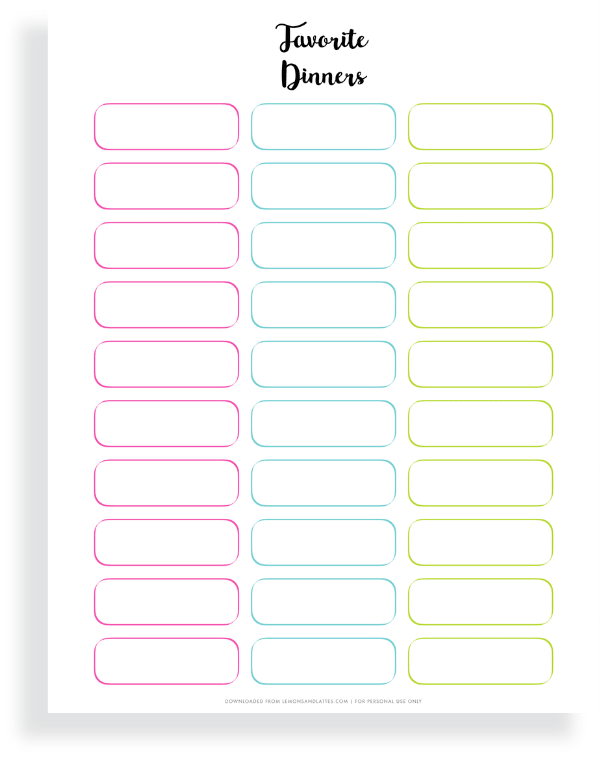 favorite dinners printable