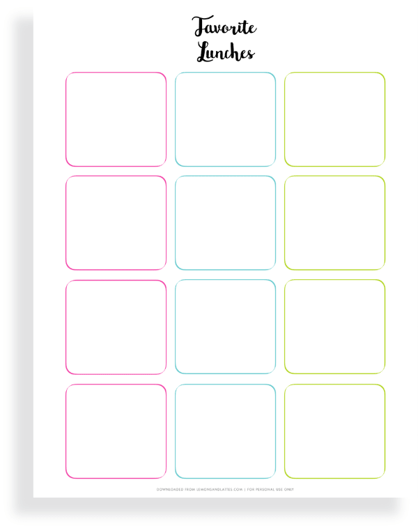 favorite lunches printable