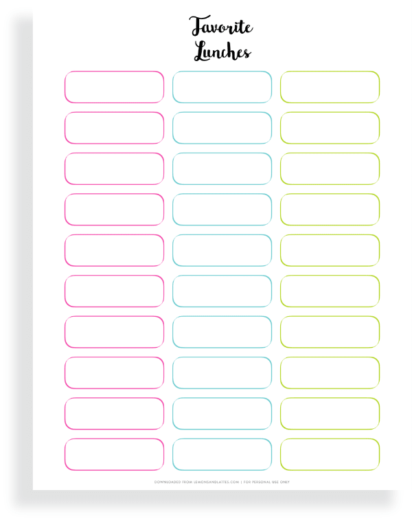 favorite lunches printable