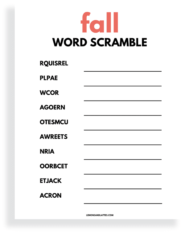 Fall Word Scramble Printables