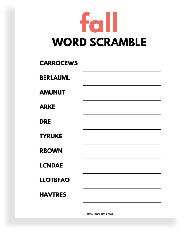 Fall Word Scramble Printables