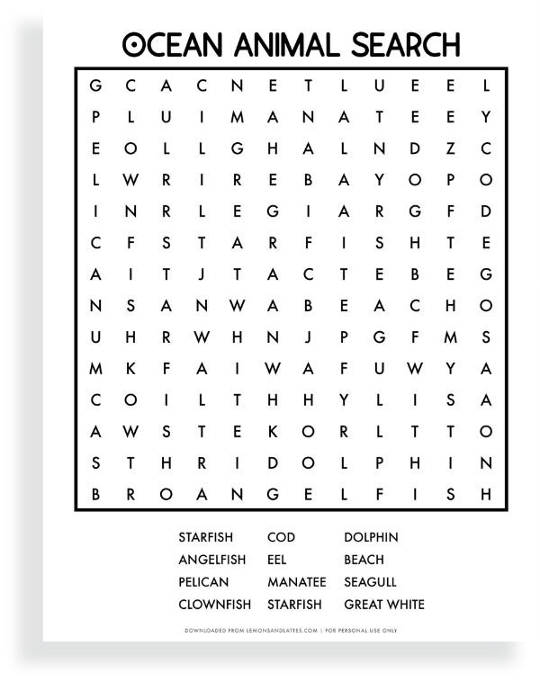 Ocean Animal Word Search Printables